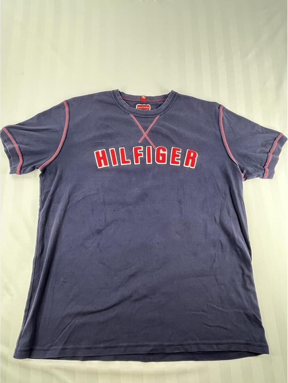 Tommy Hilfiger Y2K Vintage Navy Red Stitch Logo T-Shirt Size XL